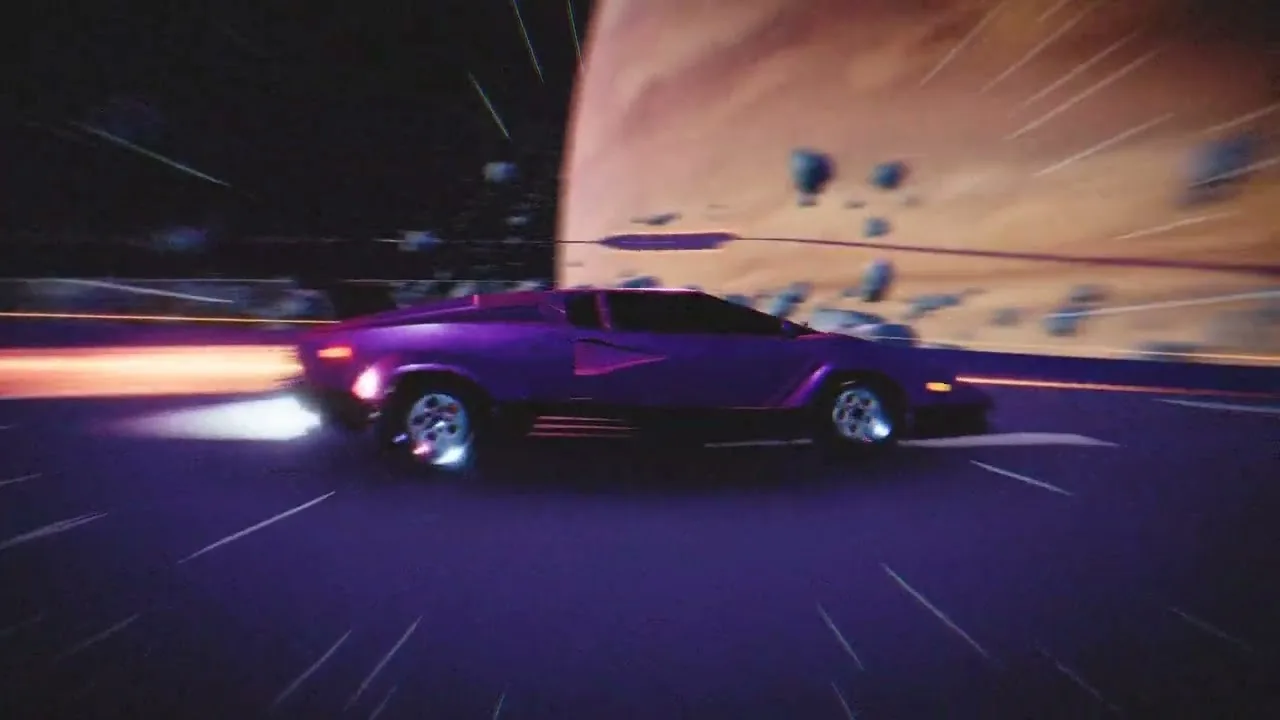 Une voiture violette file entre des tours néon sur une autoroute de ville futuriste