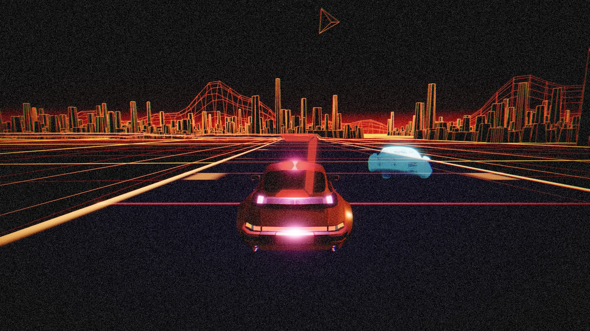Une voiture fonce vers un horizon de gratte-ciel baigné d'un coucher de soleil orange