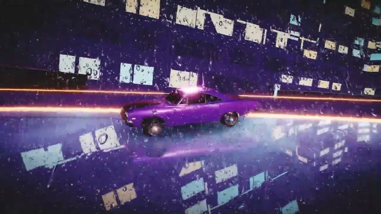 Une voiture rouge roule sur une route lumineuse devant une ville aux tons violets