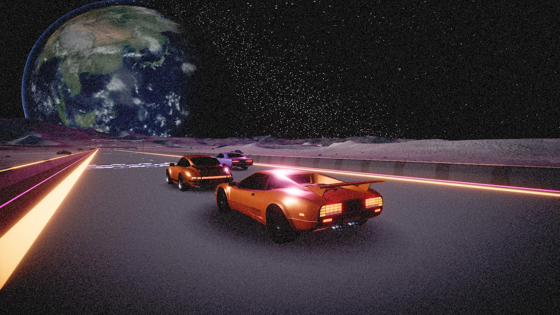 Une voiture rouge laisse des traînées de lumière sur une route au bord de l'espace, la Terre en fond