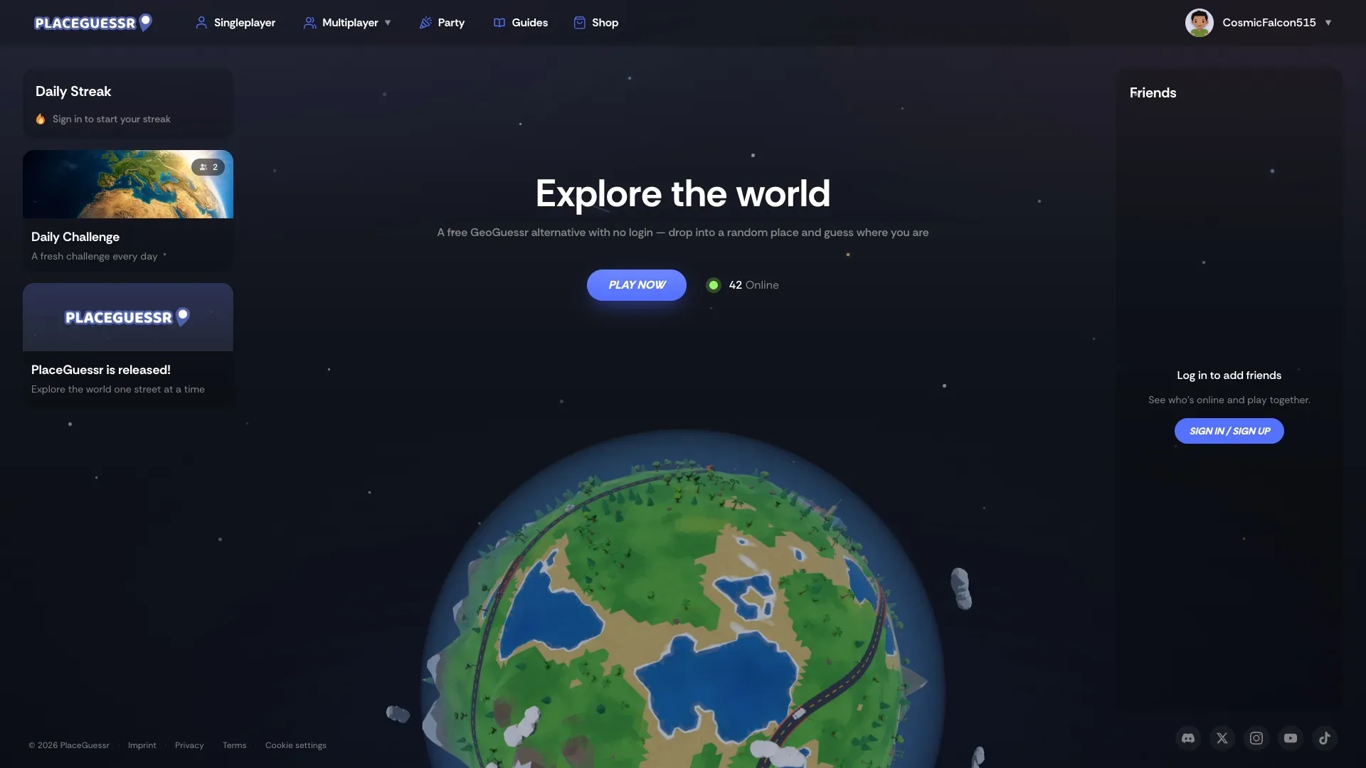 The home screen, a spinning globe beside the Play now button, daily challenge and streak