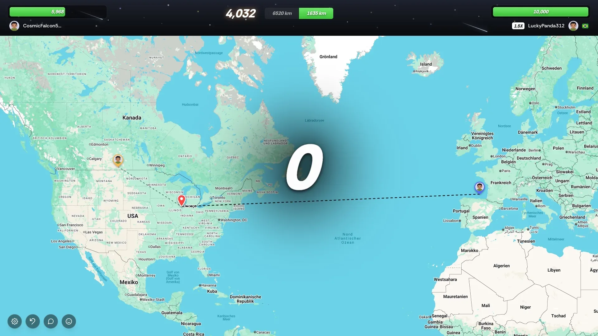 The duel round result: both pins on the world map and the damage dealt