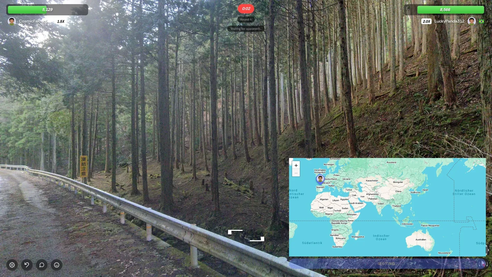 A duel round on a forest road, both players' health bars at the top