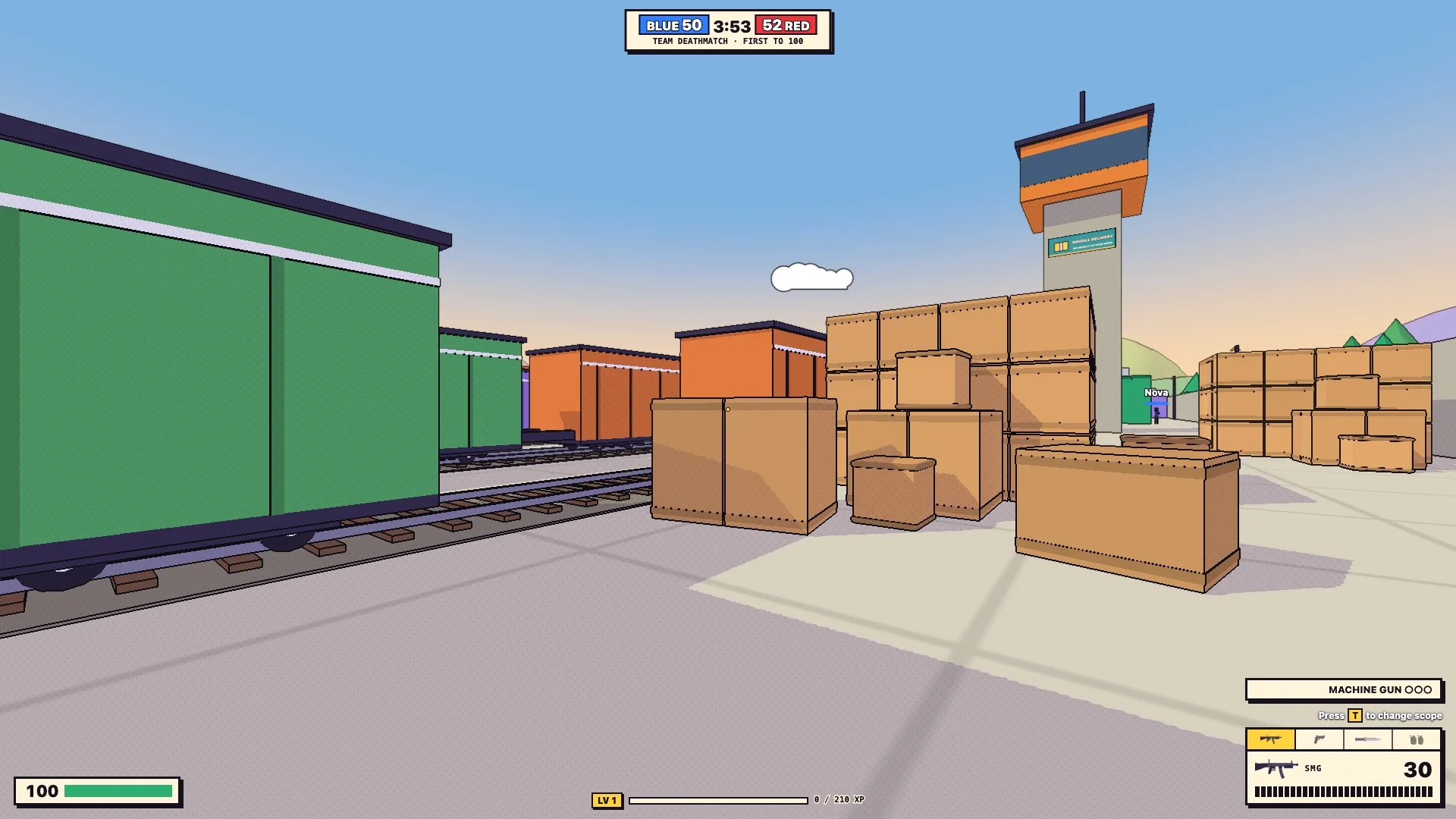 Stacked crates and freight wagons in the rail Depot, under the control tower