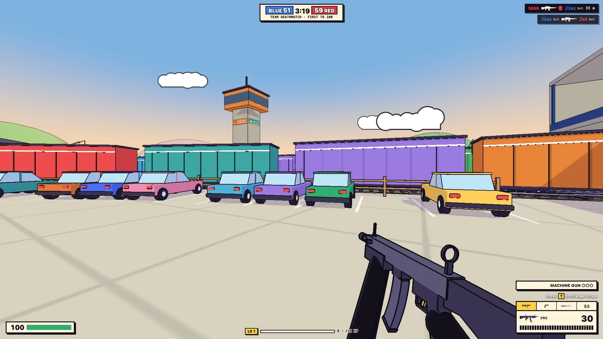 A car park full of cartoon cars beside the Depot's freight trains