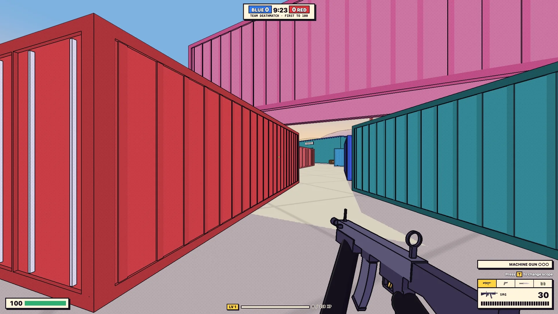 Red, pink and teal shipping containers in a lane of the Port