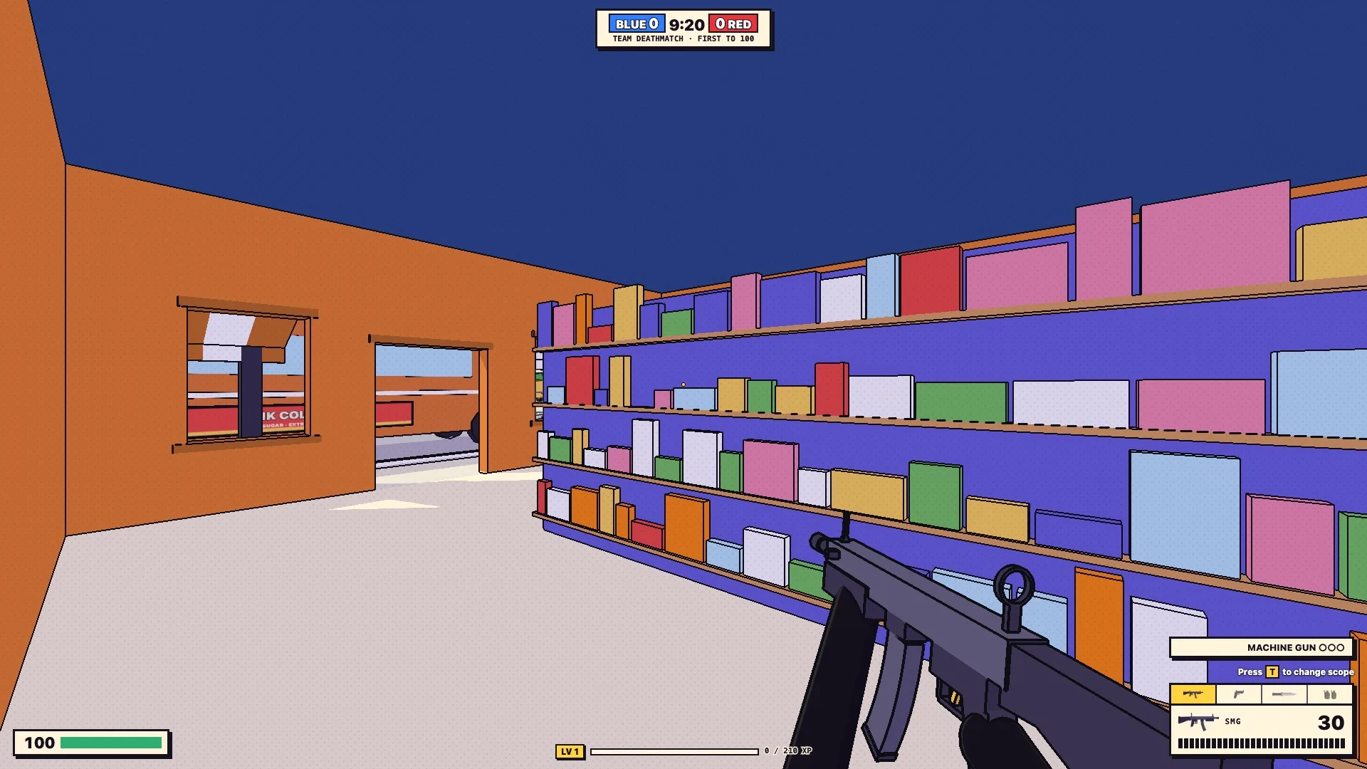 Inside a Town shop, its shelves stacked with coloured boxes