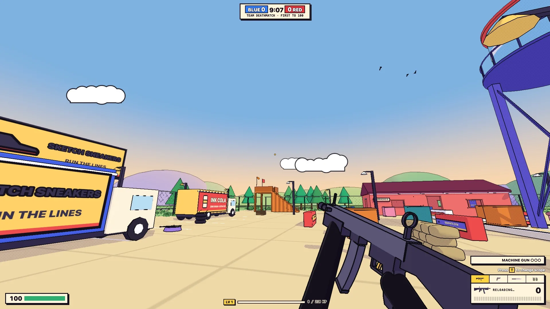 Delivery trucks and a water tower on the sunny Yard map