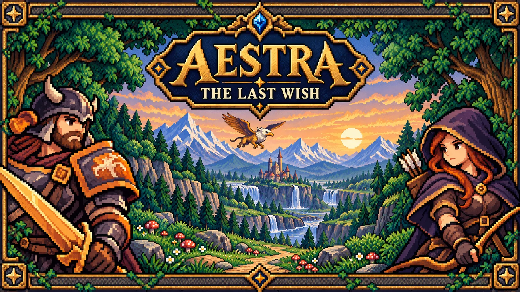 Key art: a horned warrior and a hooded archer before a valley of waterfalls