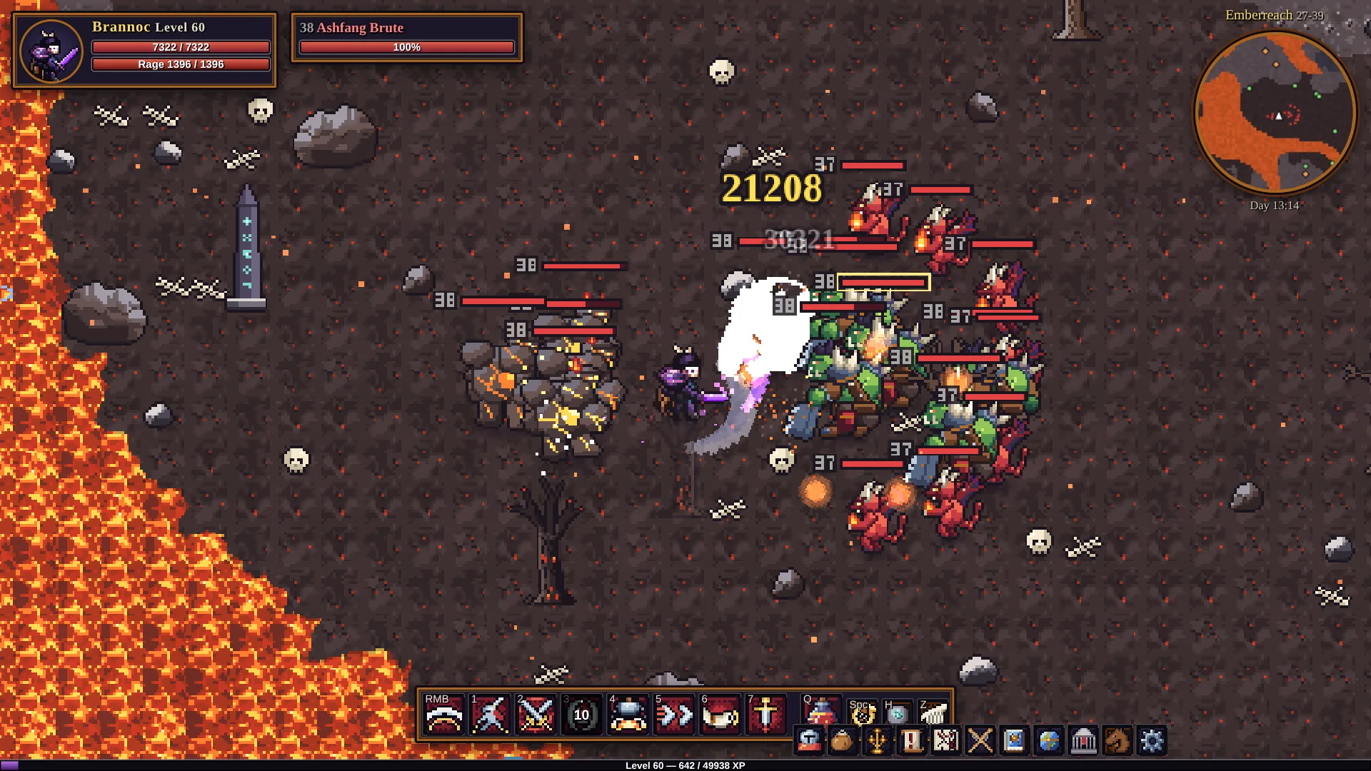 A warrior battles a horde of fire imps beside the lava of Emberreach