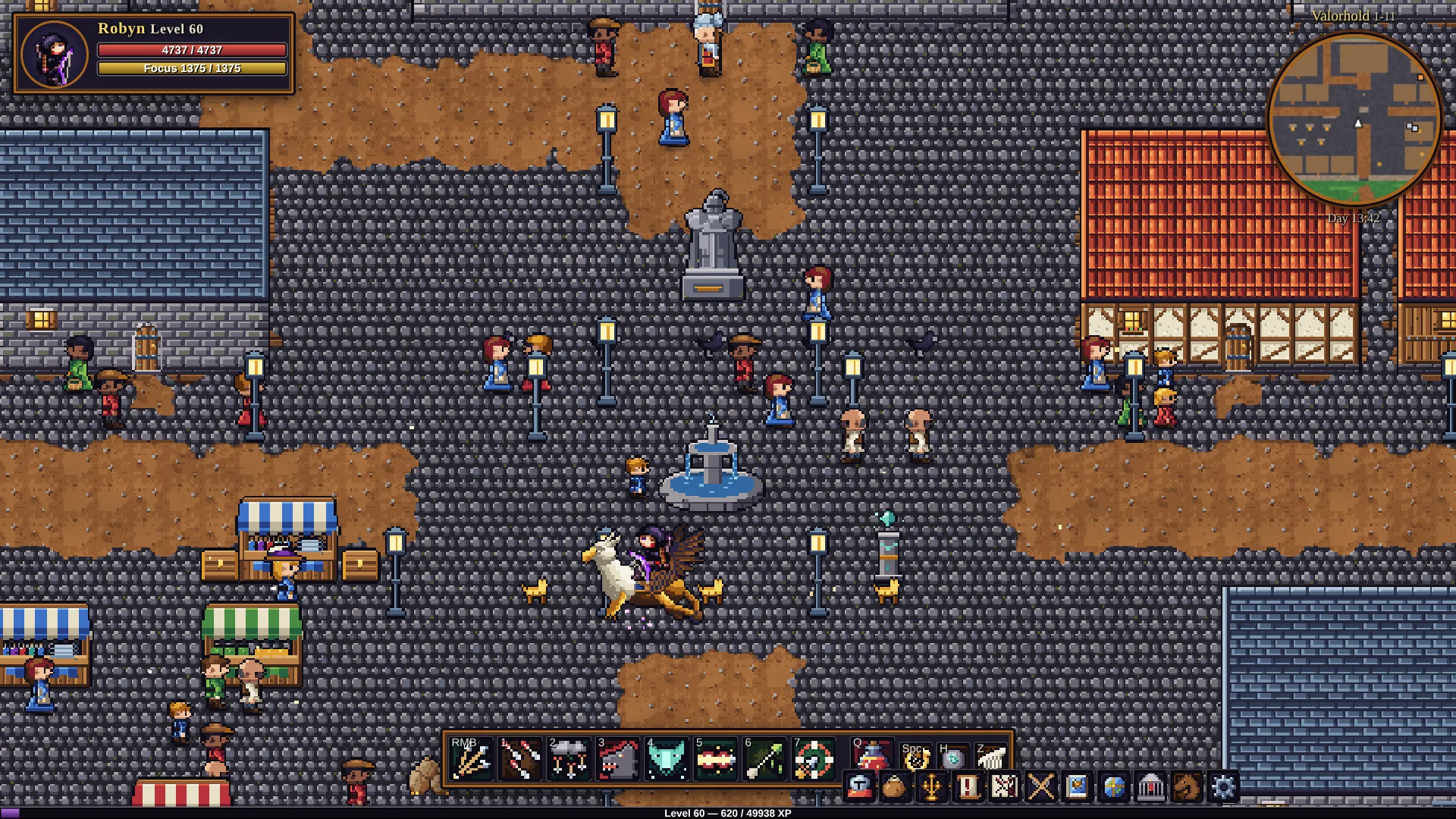 A hero on a griffin mount crosses the busy market streets of Valorhold