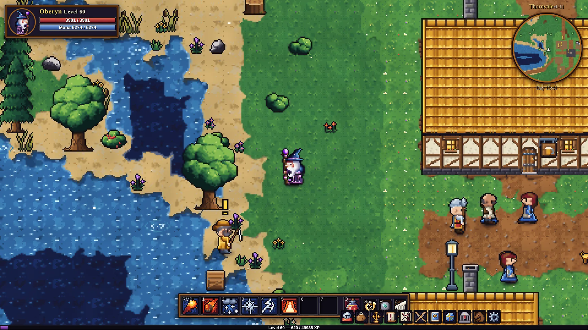 A wizard on the lake shore beside the thatched houses of Millbrook