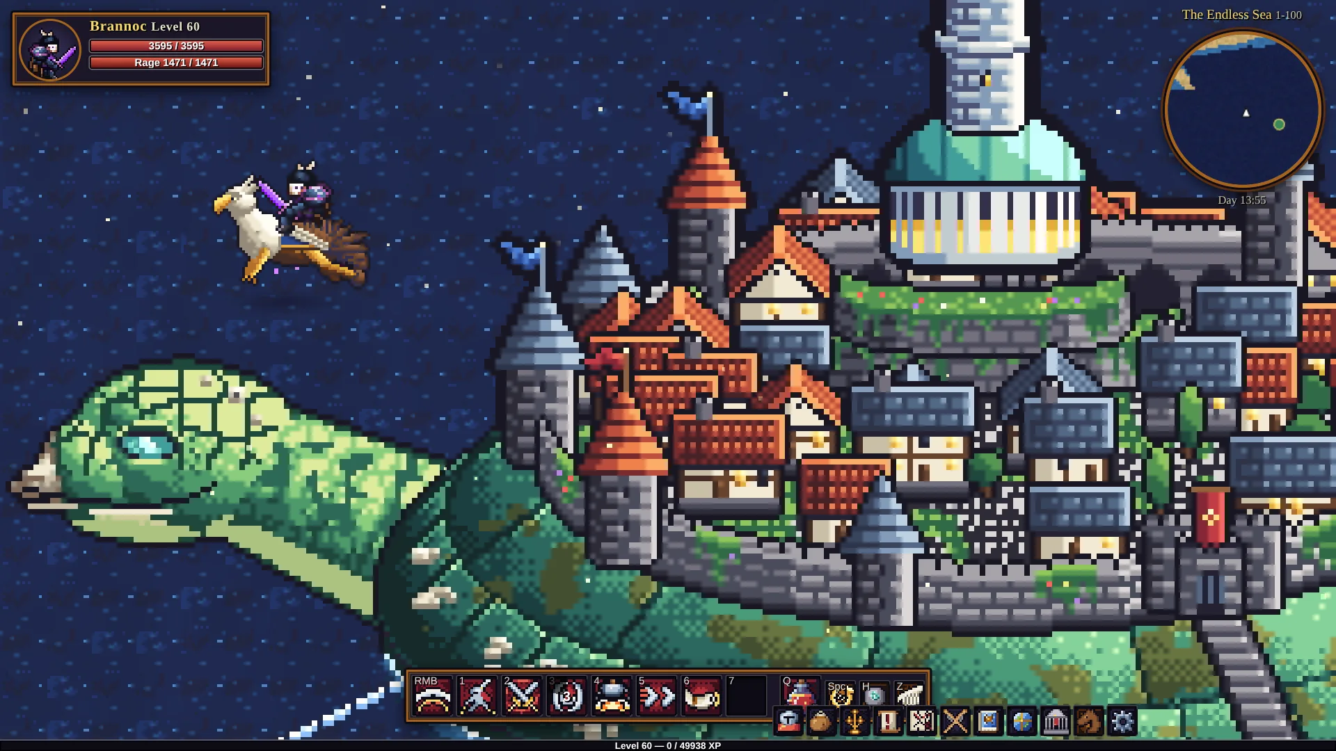 A griffin rider flies over Shellhaven, the city on a giant turtle's back