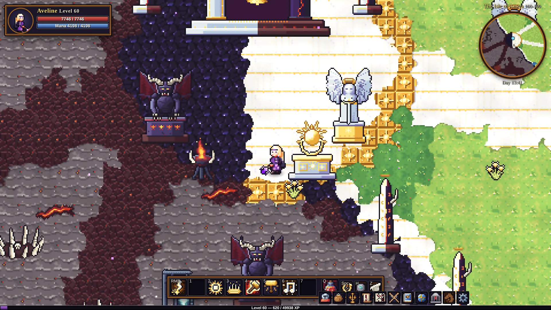 A mage walks golden paths between gargoyle statues on the Isle of Aestra