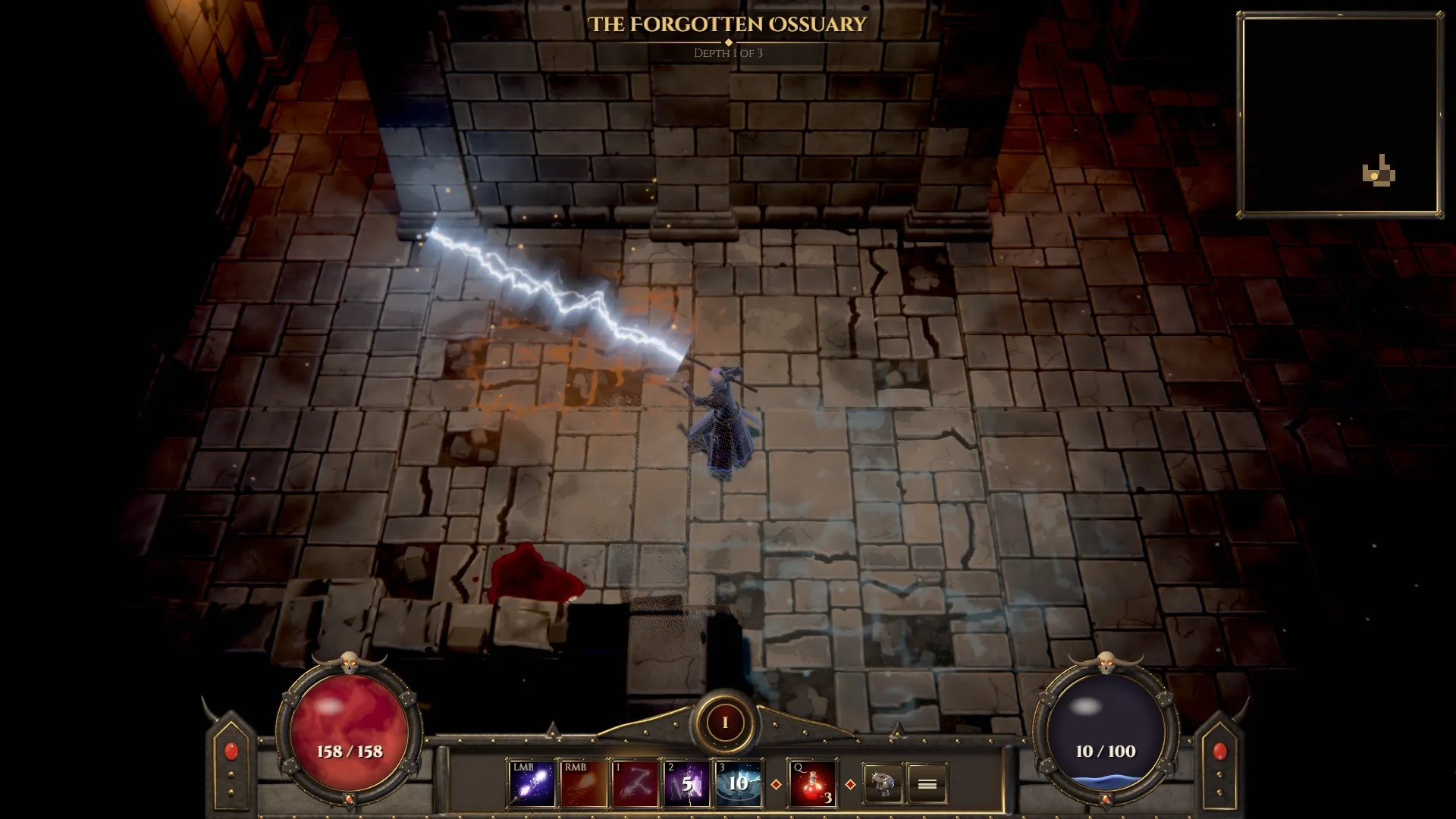 The Sorcerer chains a bolt of lightning across a torch-lit hall of the Forgotten Ossuary