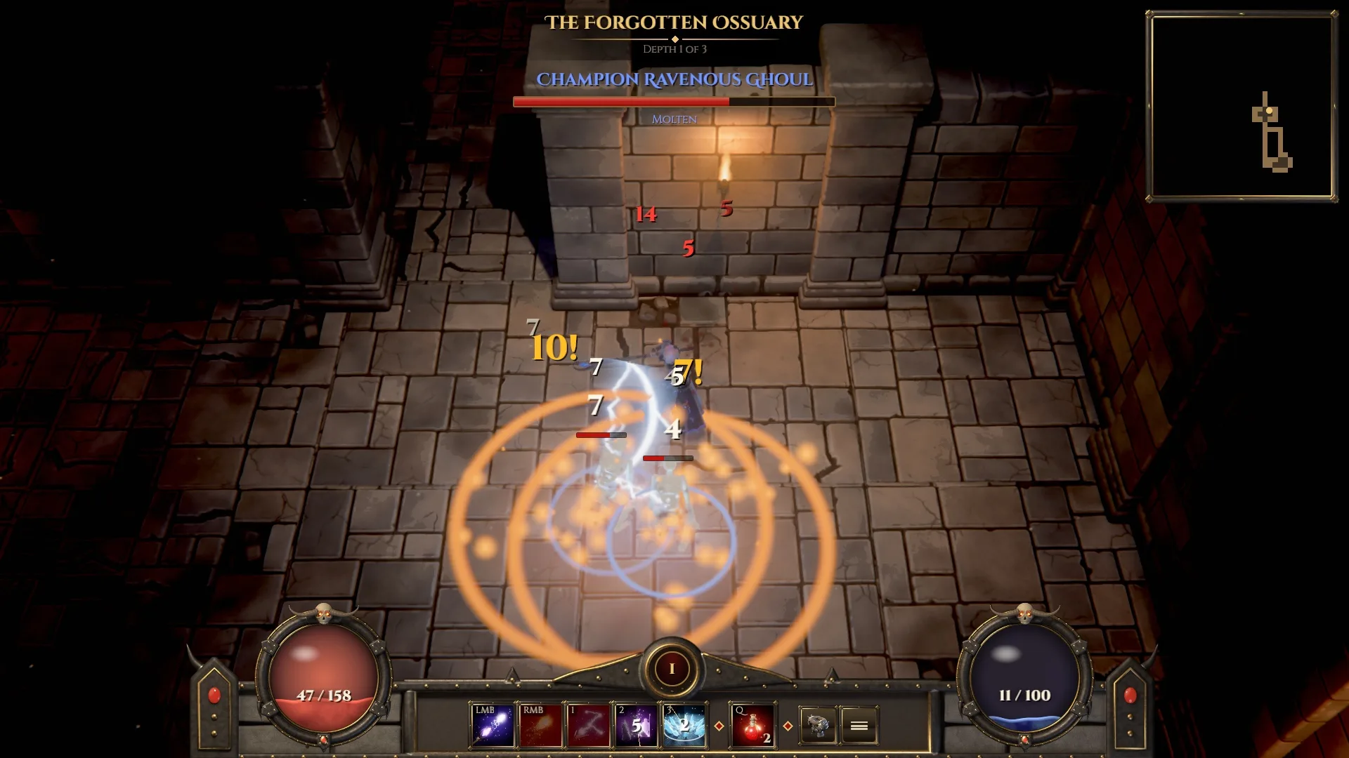 The Sorcerer freezes and shocks a Molten champion ghoul pack as damage numbers fly