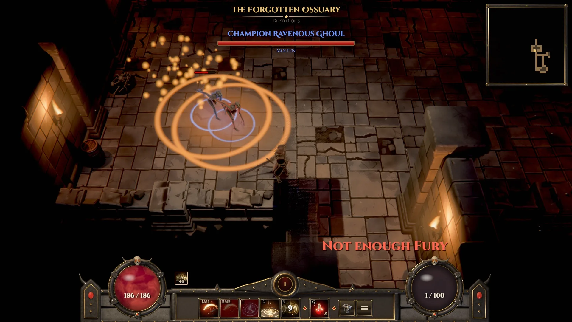 The Barbarian-Knight faces a pack of Ravenous Ghouls by the torches on the first floor