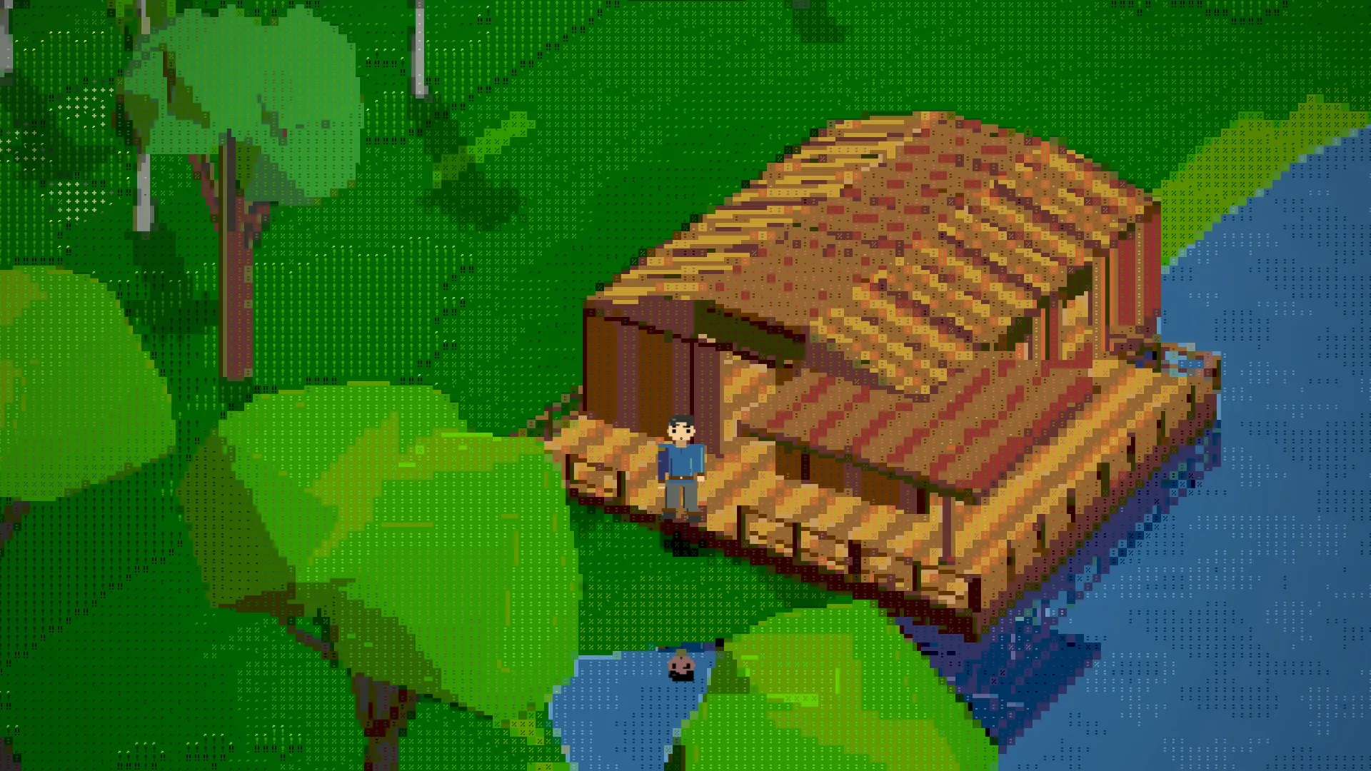 A player on the deck of a wooden house built by a river, in a forest drawn with text characters