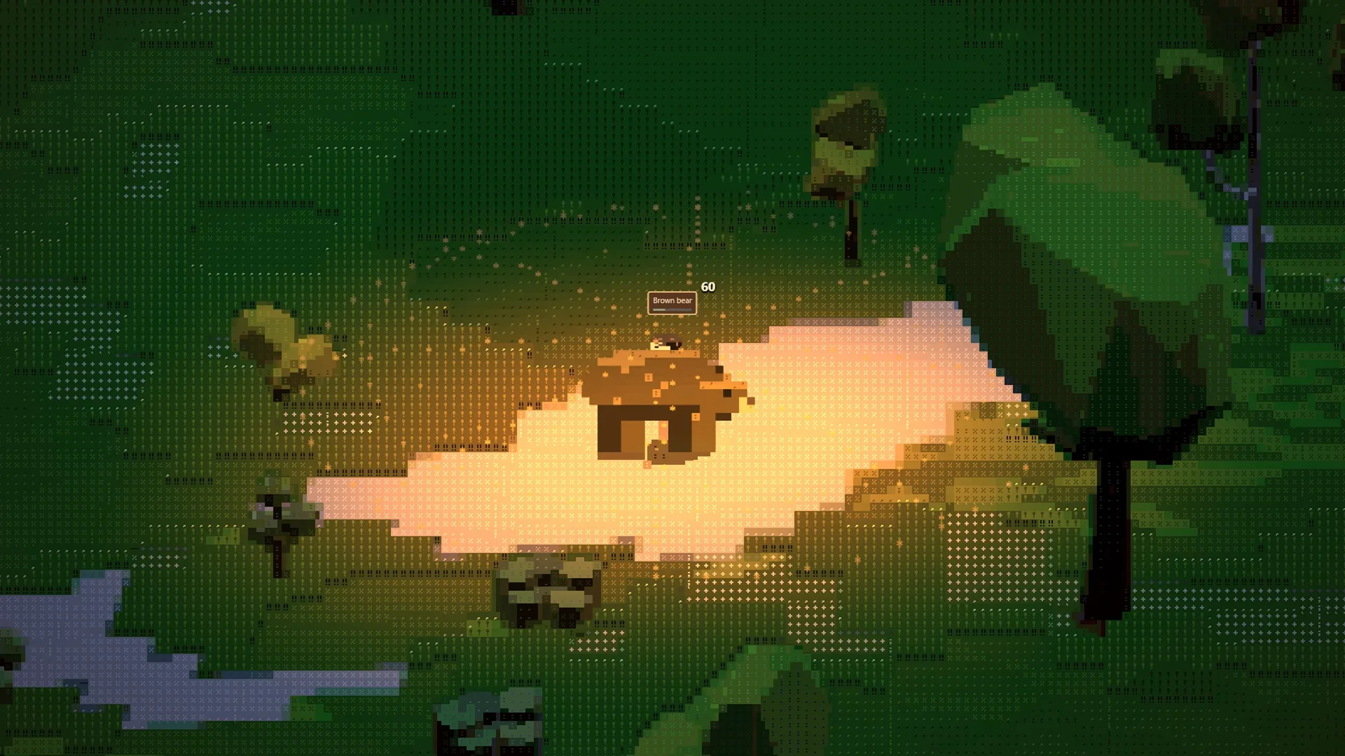 A player fighting a brown bear in a forest clearing at night
