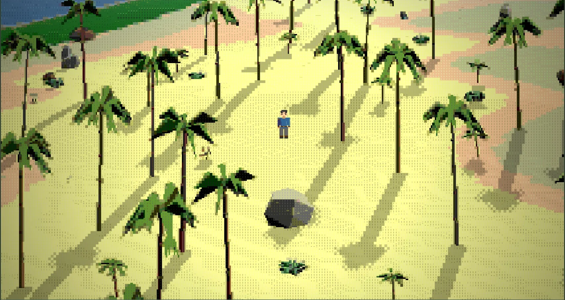 A player walking across a sandy beach among palm trees and rocks