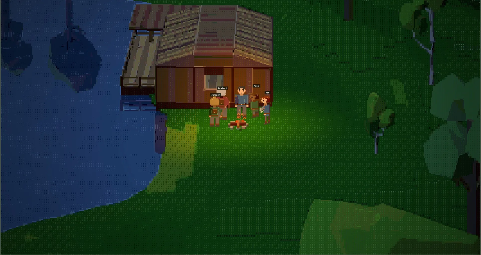 A group of players around a campfire in front of a wooden house by a lake at night
