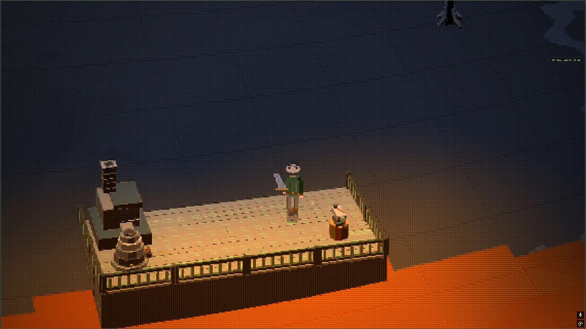 A player holding a sword on a wooden platform next to a furnace and an anvil