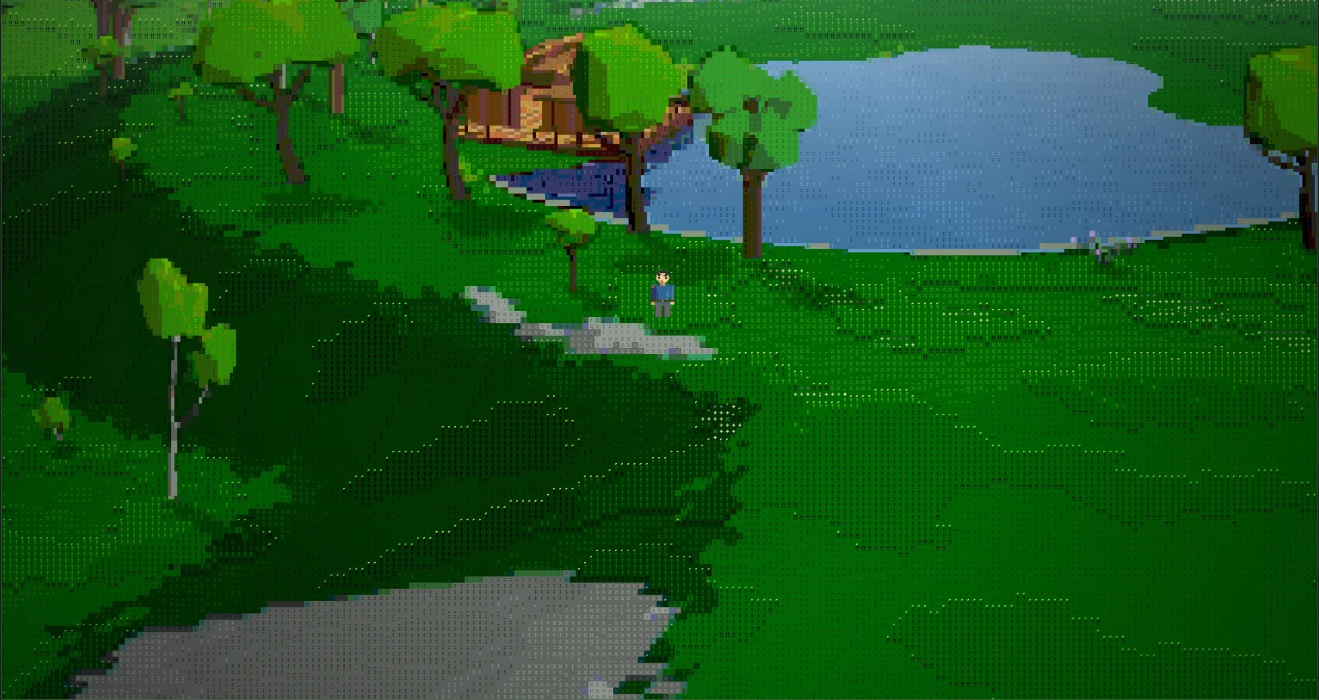 A player on a dirt path in green hills, with a lake and a wooden house behind the trees