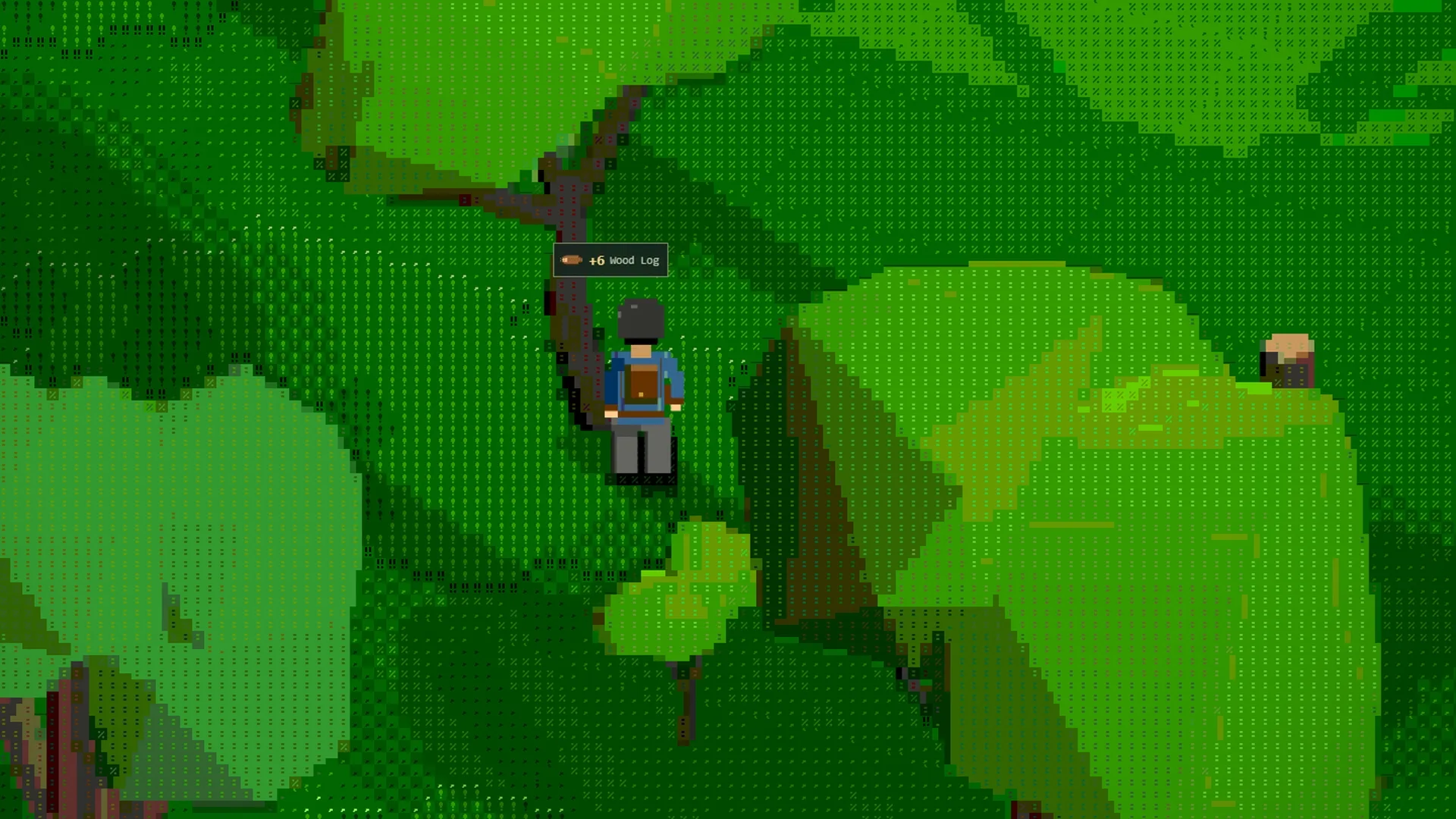 A player with a backpack chopping a tree in a dense forest and getting wood logs