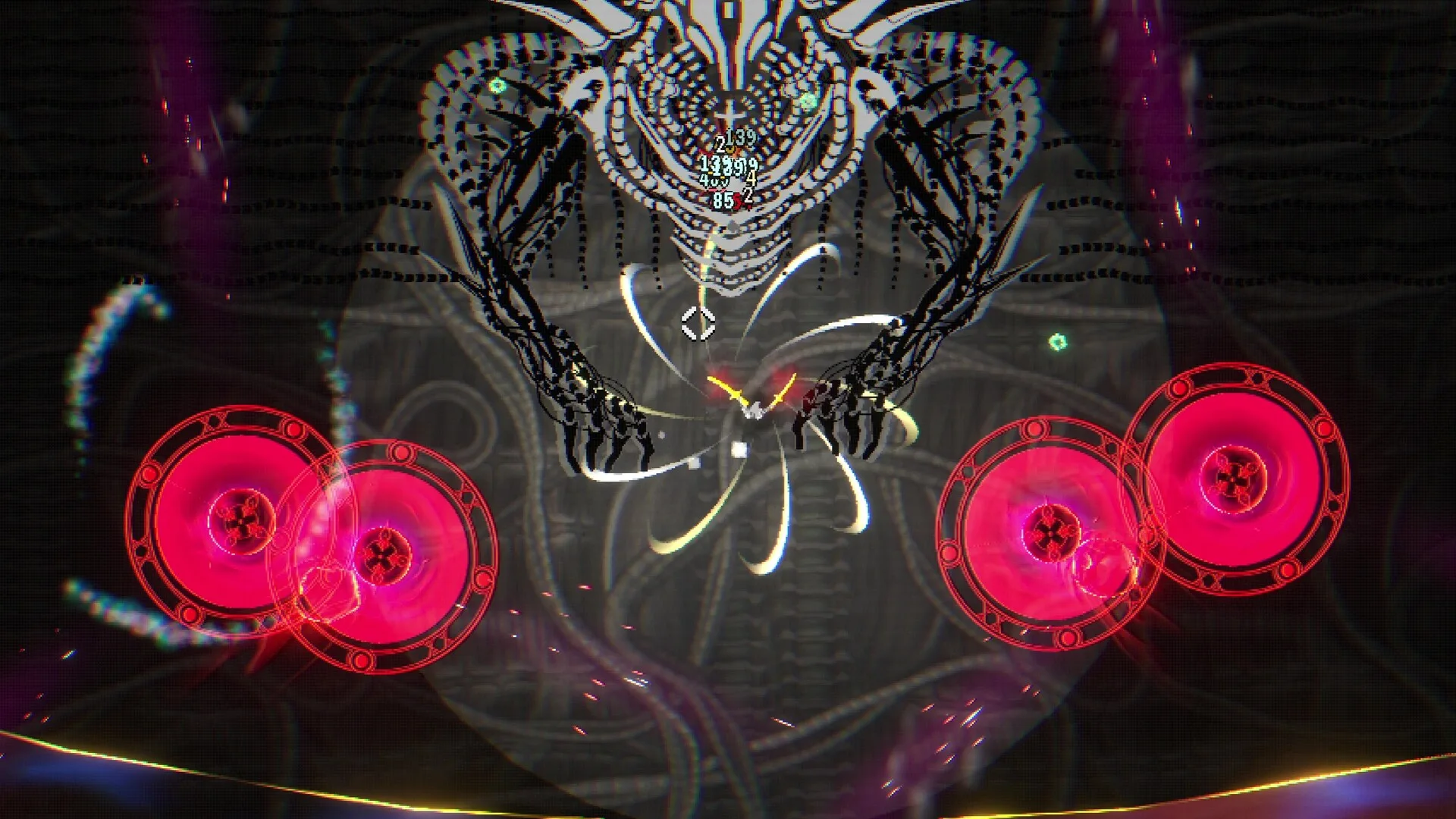A colossal bone-white boss looms over the player amid glowing crimson sigils and slashing blades