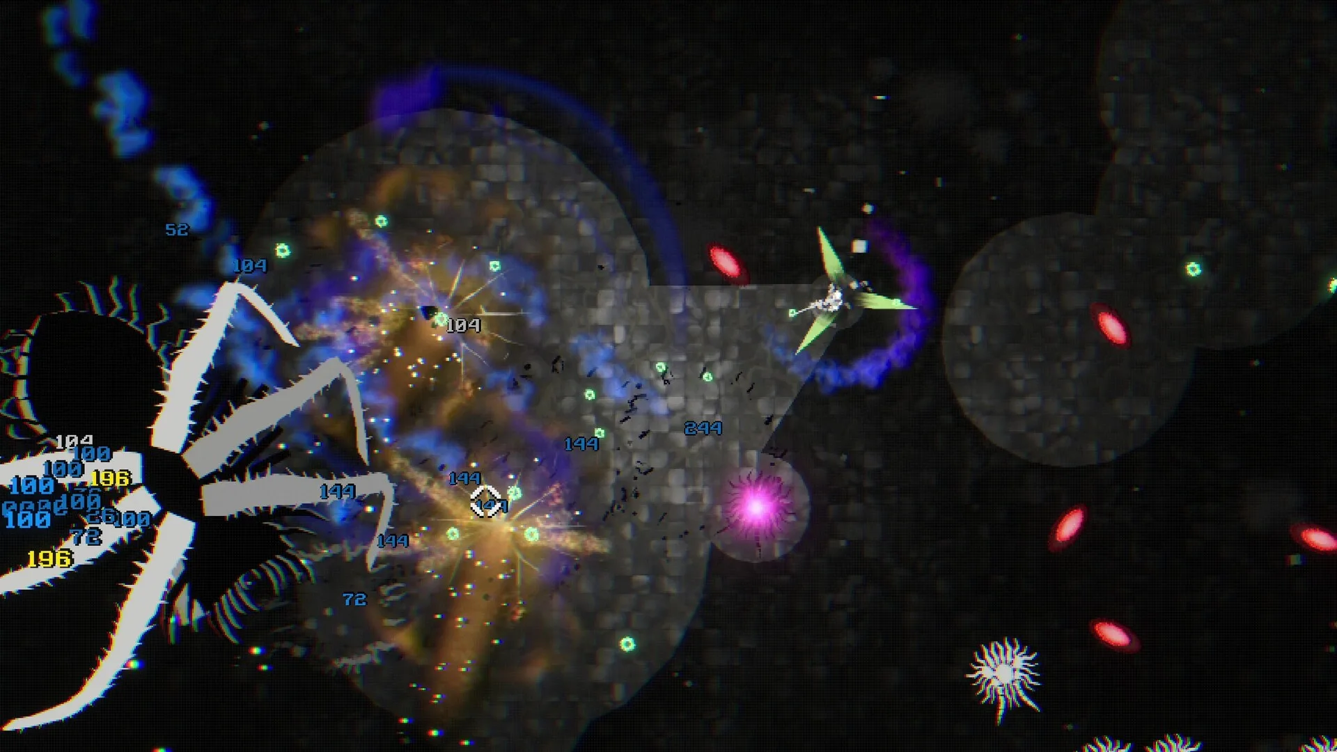 A spider-legged monster takes blue and gold explosions as the player dashes away