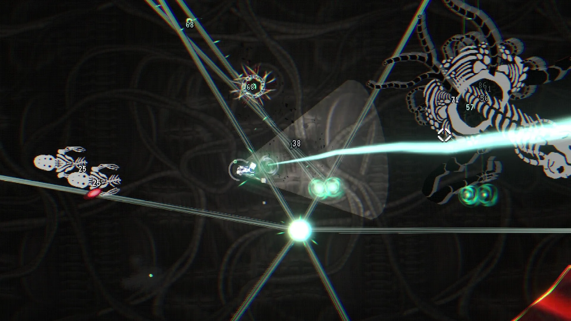 A cyan beam tears into a striped horror while skeletal crawlers close in from the dark