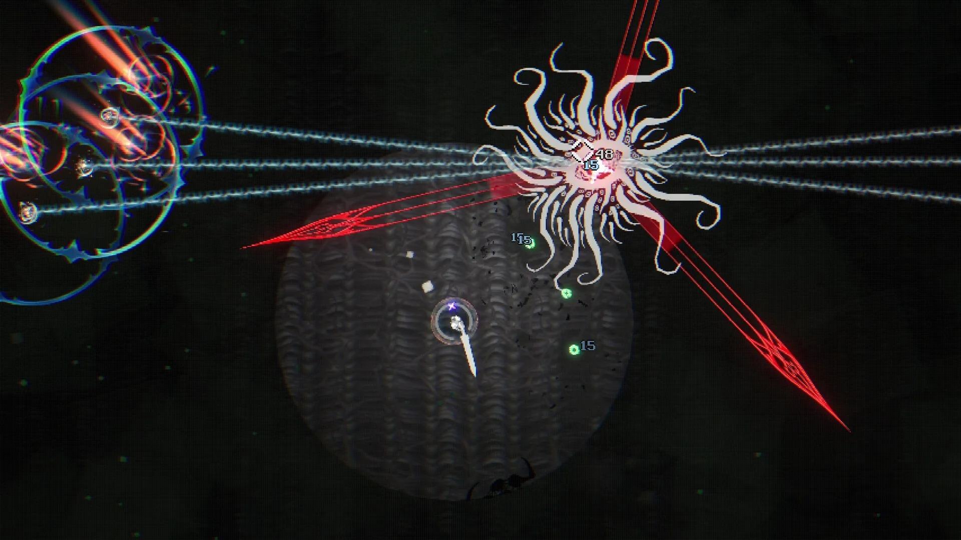 A tentacled creature is pierced by red lasers inside the small circle of light around the player