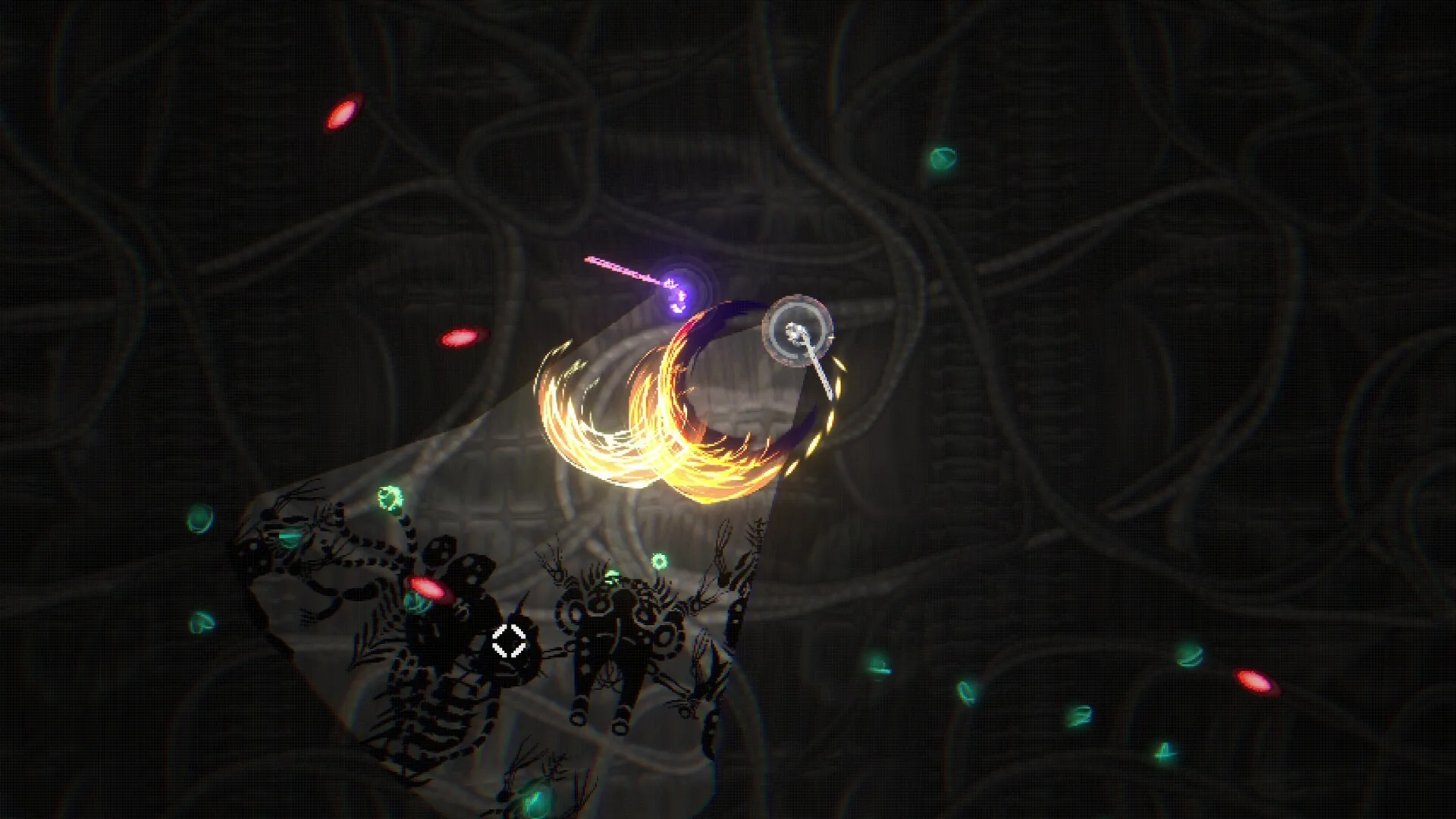 Fiery sword slashes cut through a swarm of black insectoid creatures in the vision cone