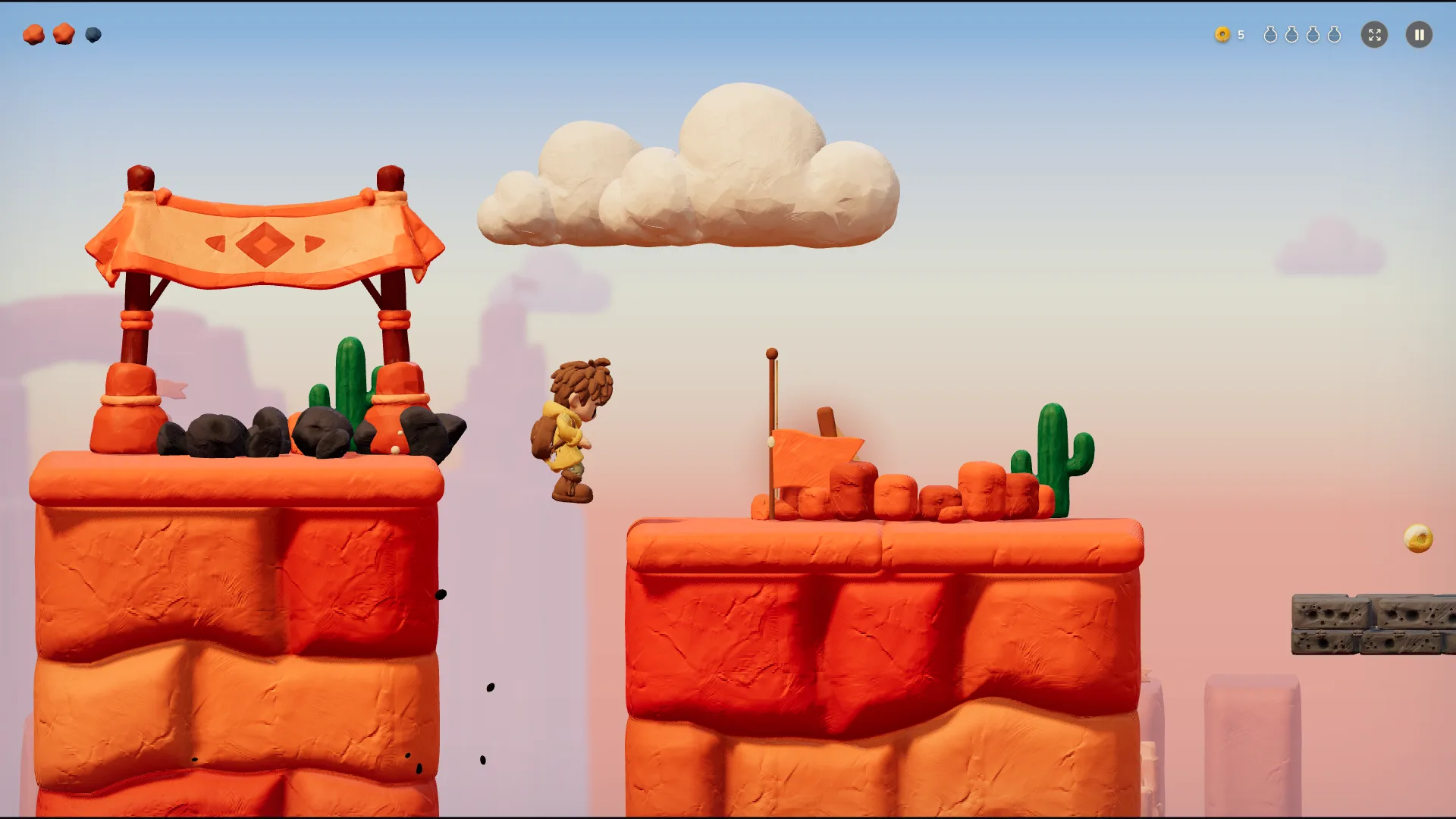 The hero jumps between clay brick pillars past a market stall in the sunbaked canyon