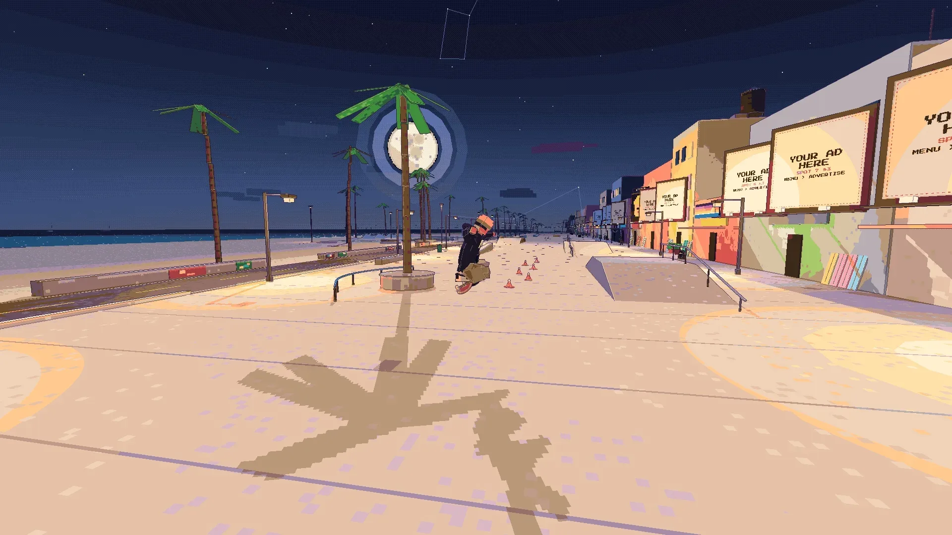 A skater rolls down the Venice boardwalk at night under a full moon and palm trees