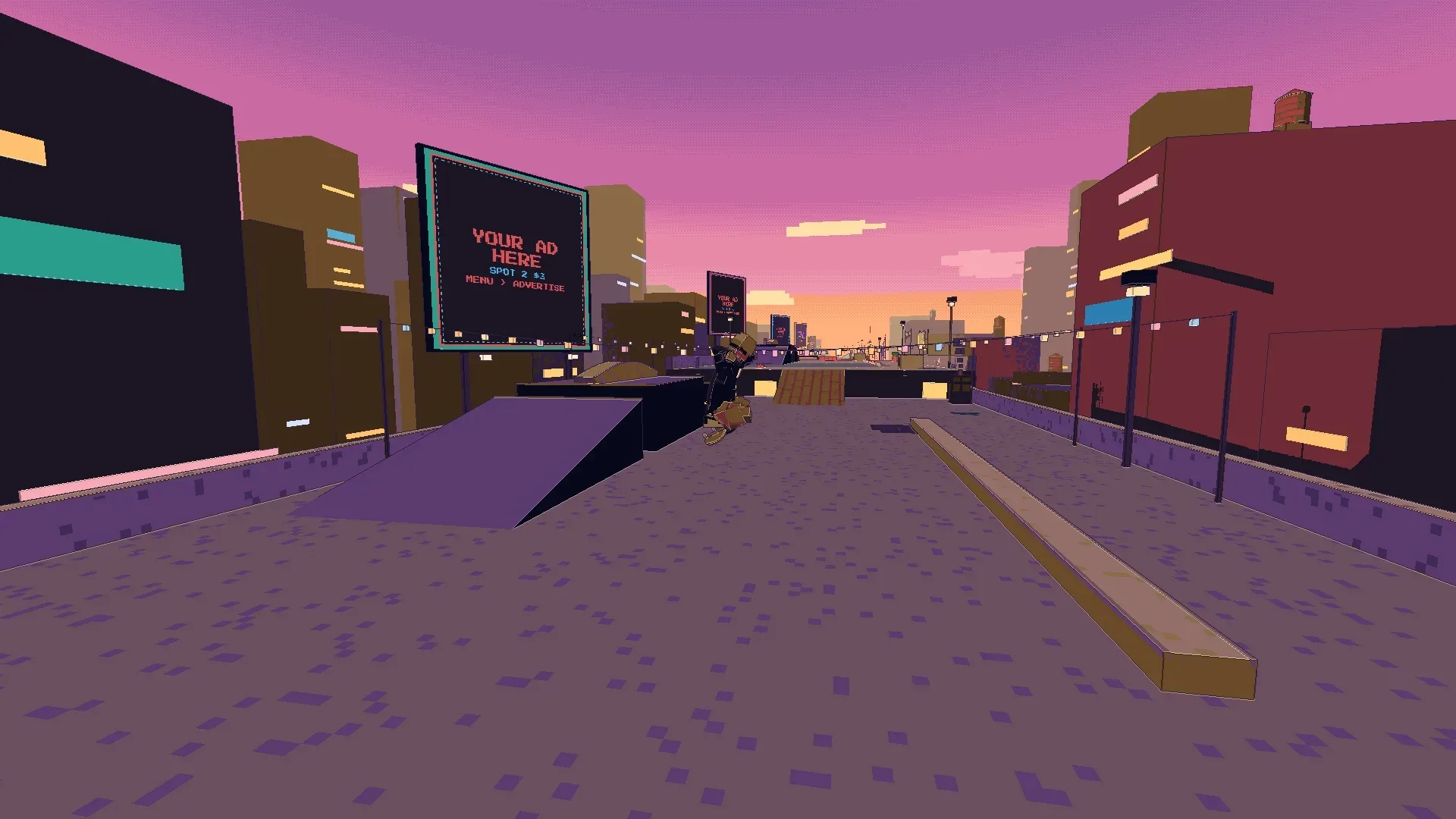 Popping off a ramp on a dusk street plaza beside a glowing billboard