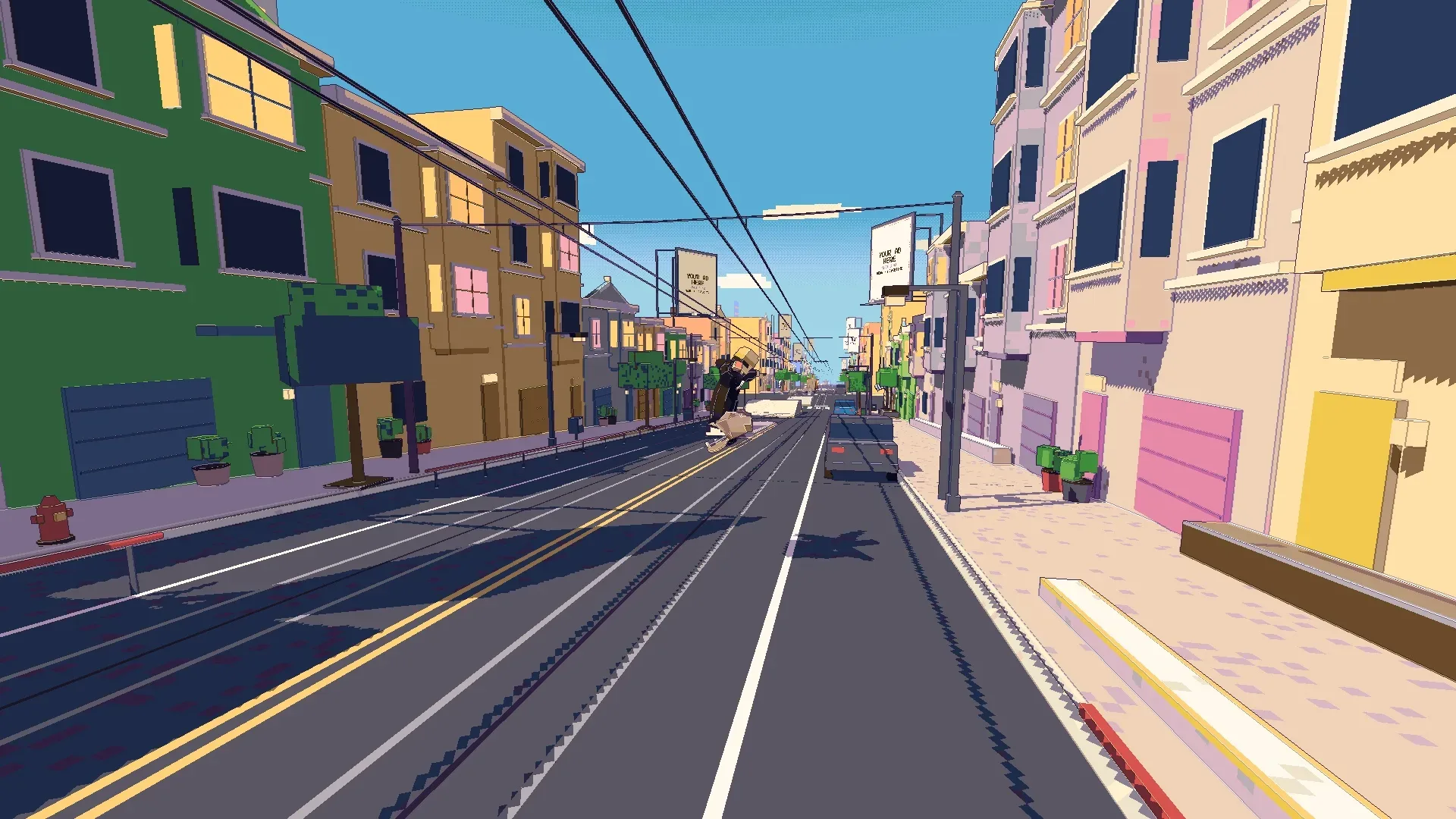 Bombing a steep San Francisco street between pastel houses under cable-car wires