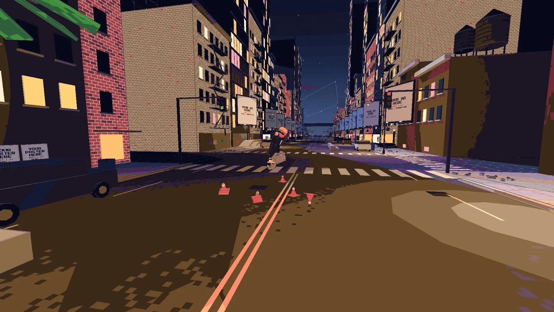 A night run through Bronx streets past traffic cones and brick tenements