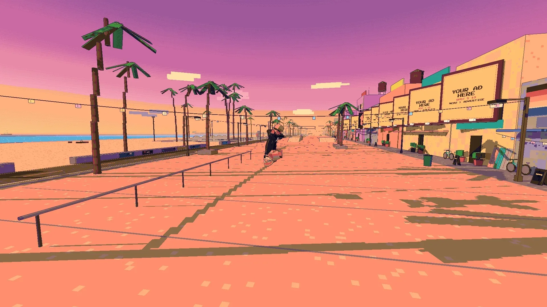 A skater grinds along the Venice beachfront rail at sunset, billboards lining the shops