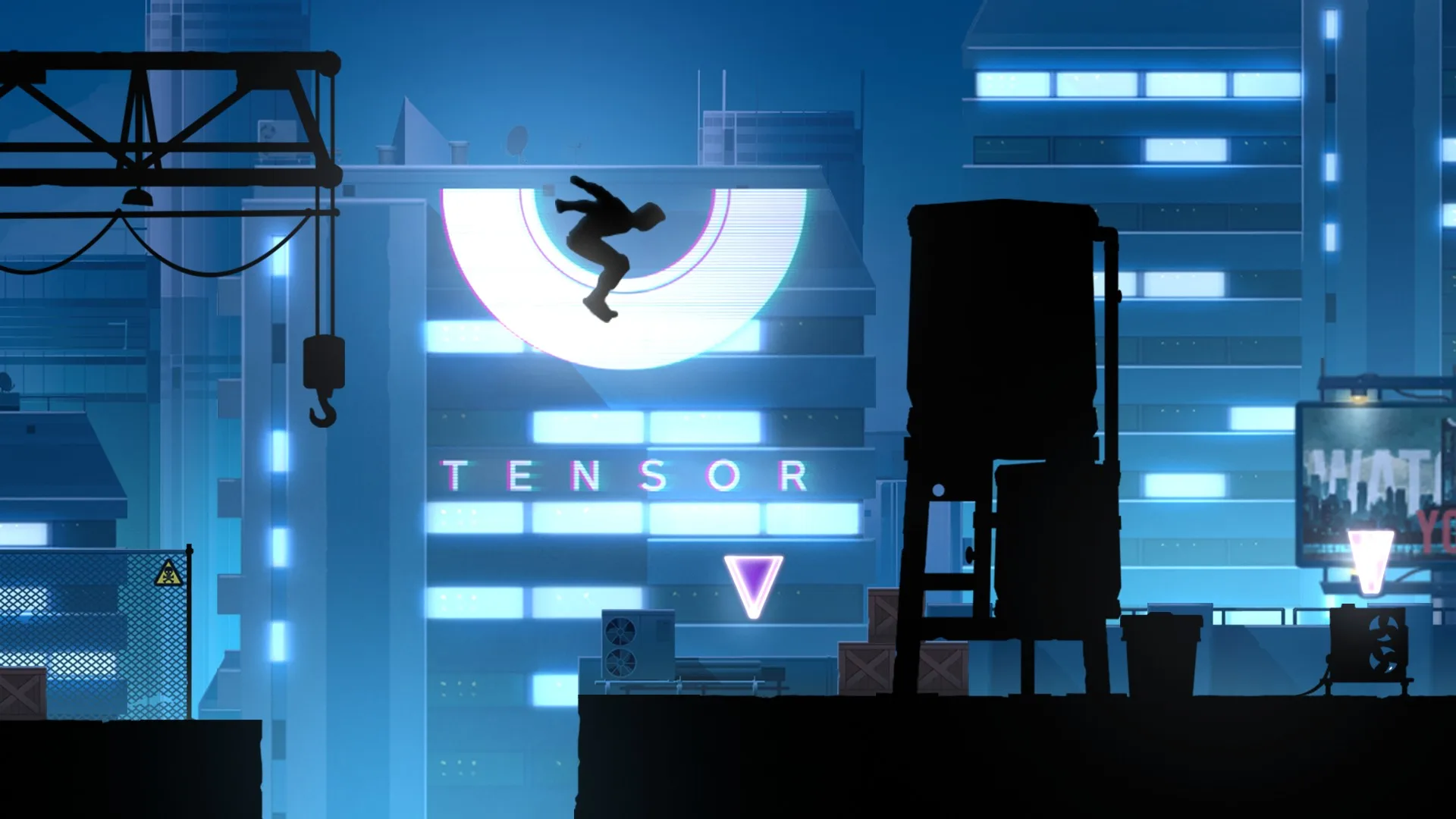 A free runner flips past a glowing TENSOR sign on a night rooftop