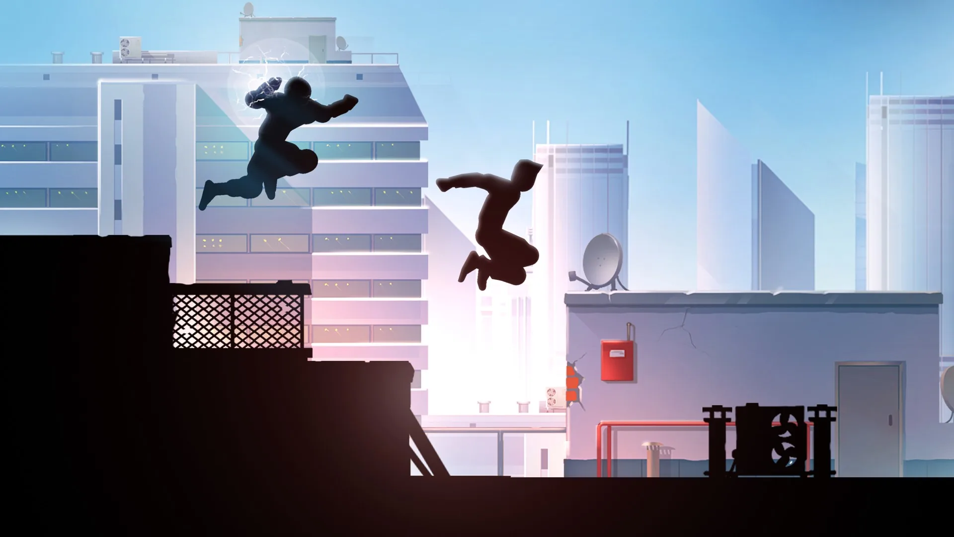 Two runners leap across sunlit rooftops, the hunter right behind