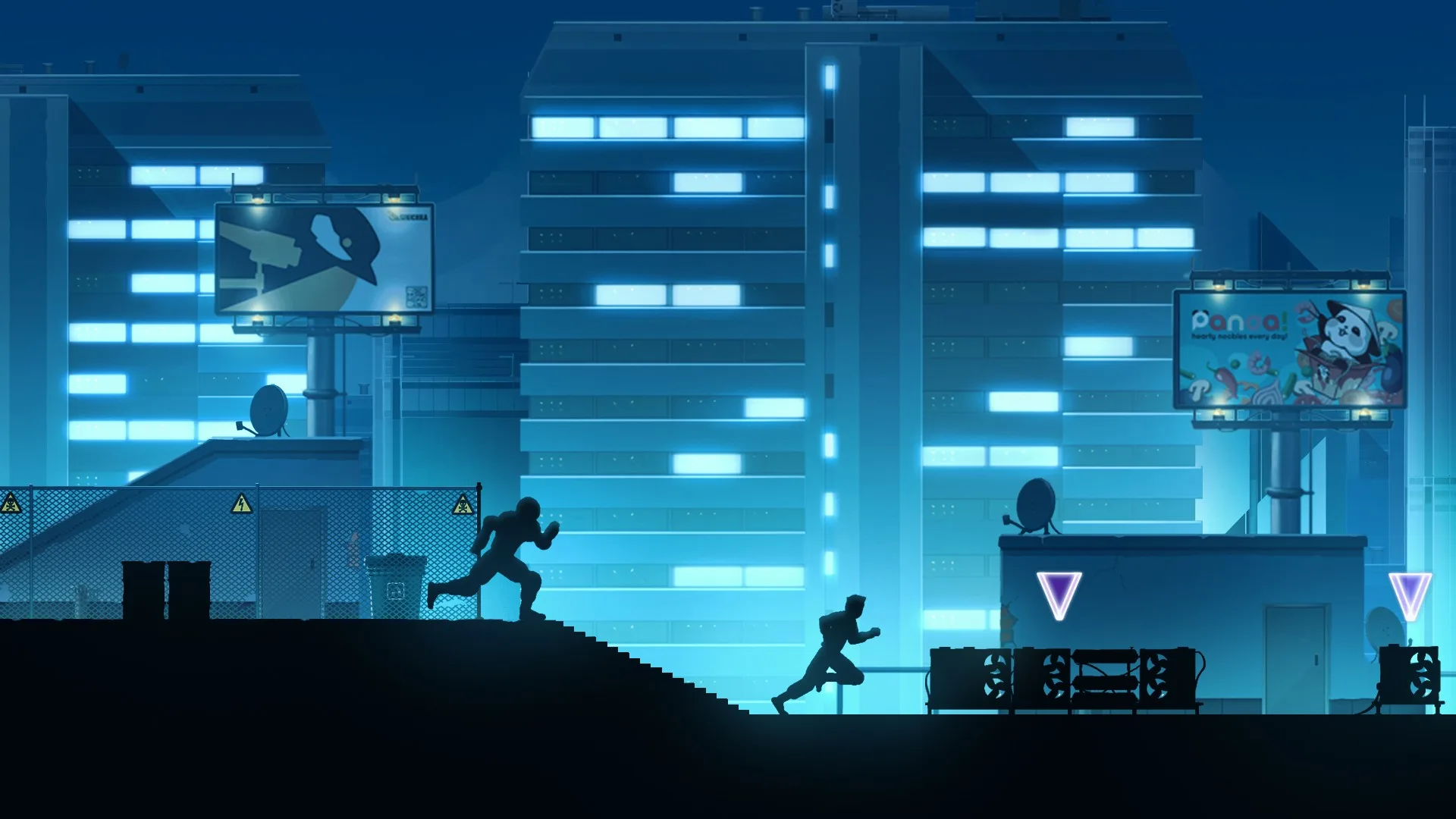 Two runners race along a blue-lit rooftop at night