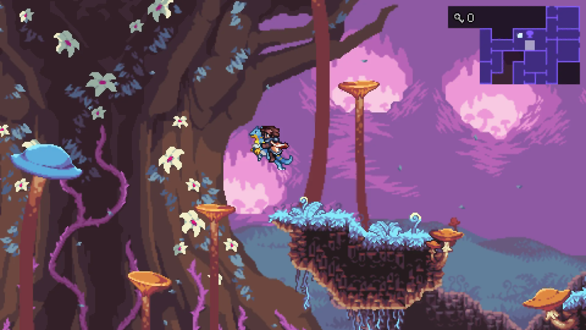 The keeper glides with a blue dragon-like monster through a violet forest of giant mushrooms