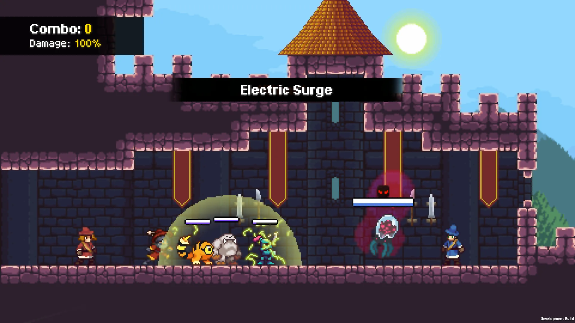 Three tamed monsters raise an Electric Surge shield against a jellyfish foe outside the Keepers' castle