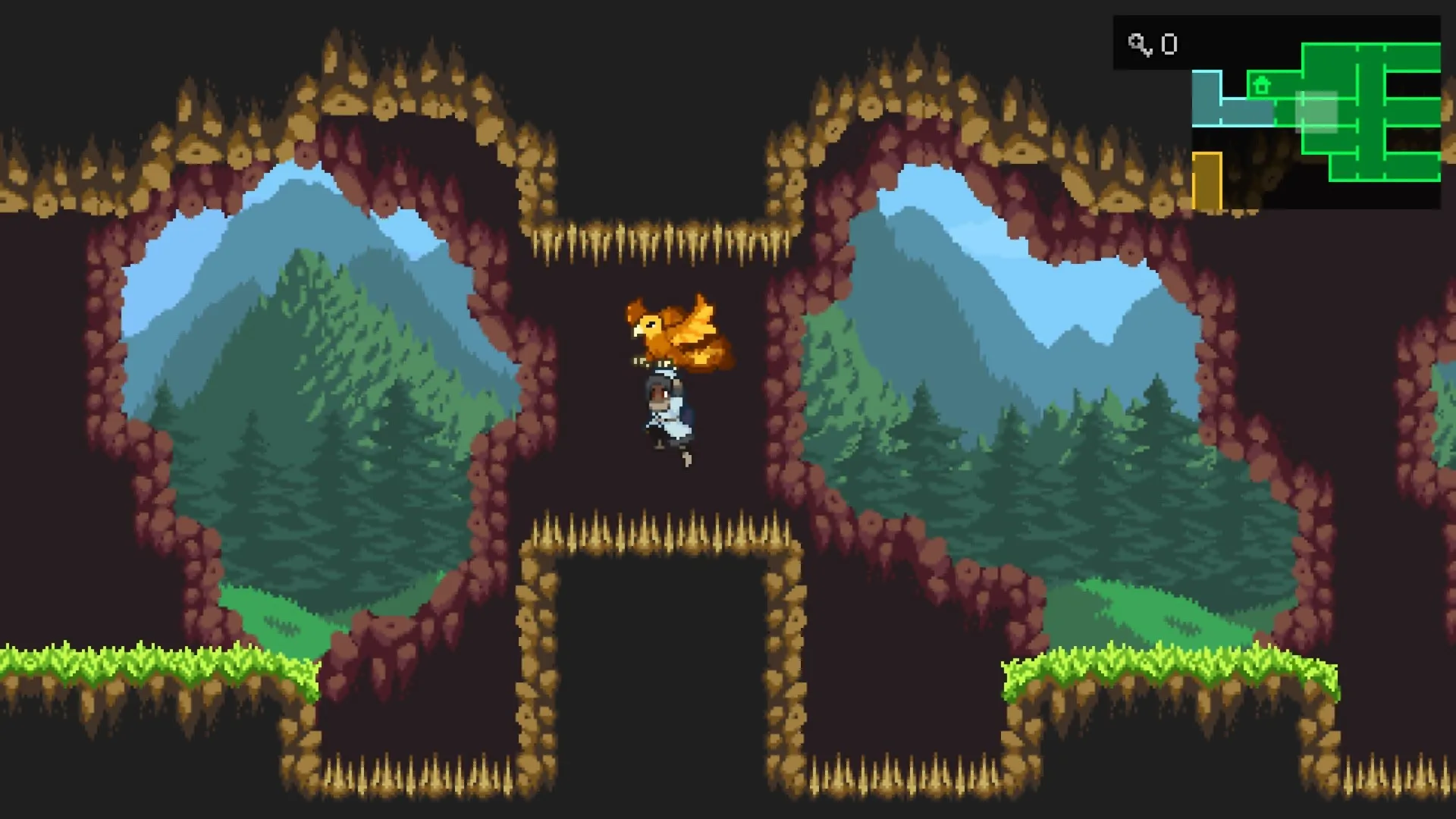 A golden bird monster carries the keeper up a cave shaft with mountain views behind