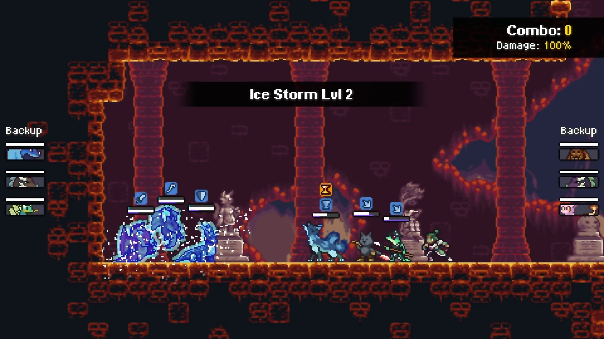 An Ice Storm hits the enemy team in a lava-brick dungeon, backup monsters waiting at the sides