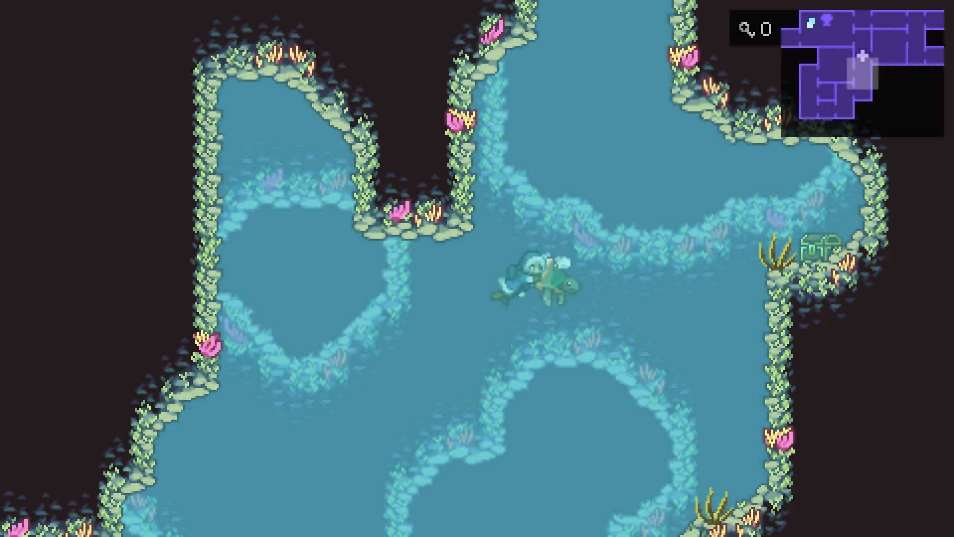 The keeper swims through a turquoise underwater cave lined with coral