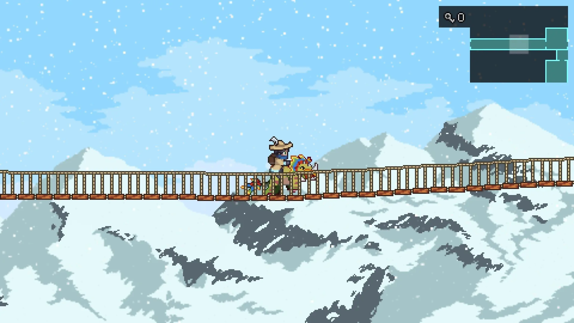 The keeper crosses a long wooden bridge over snowy mountain peaks
