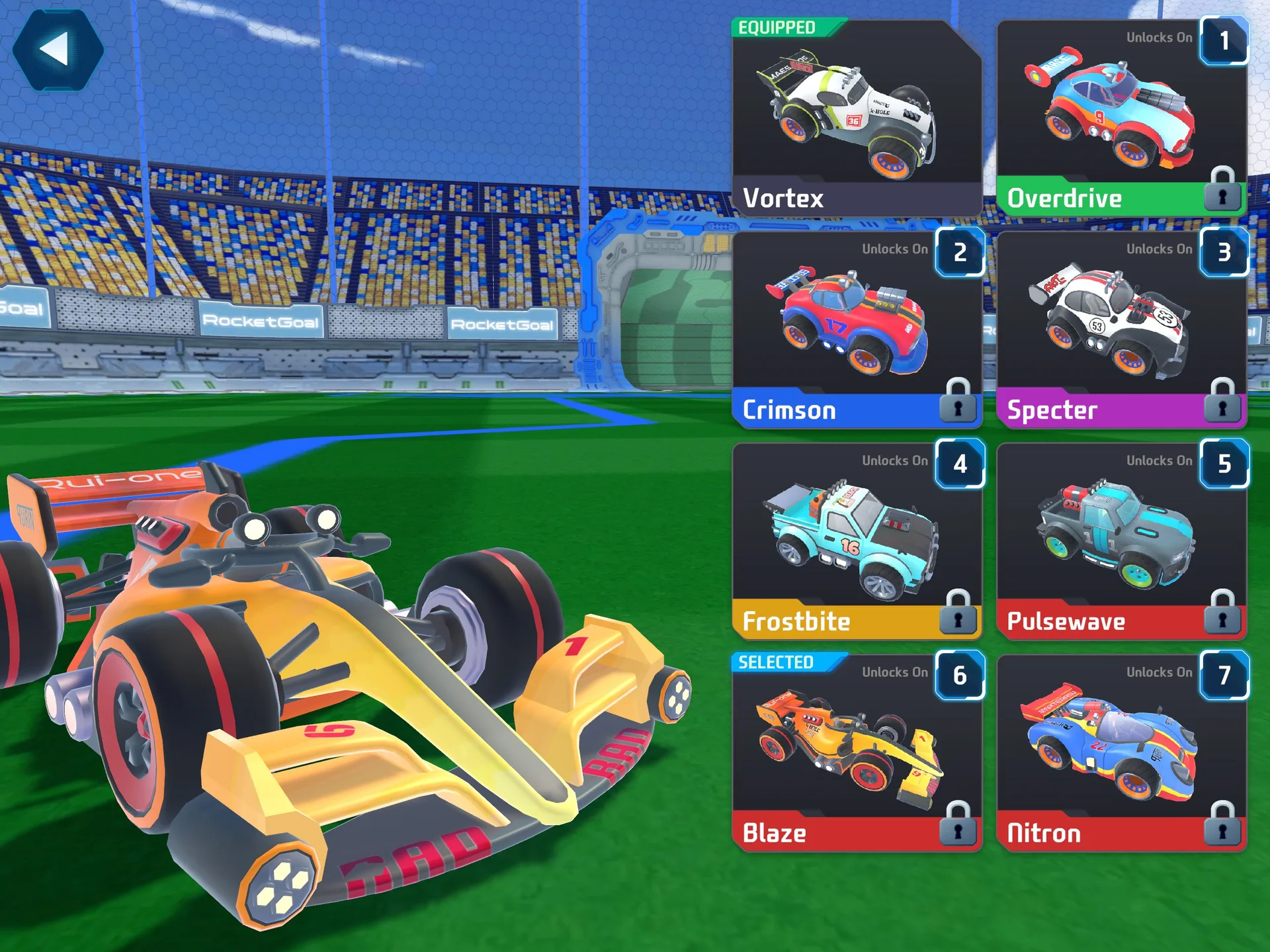 Car selection screen showing a yellow open-wheel car and a grid of seven cars to unlock, from Vortex to Nitron