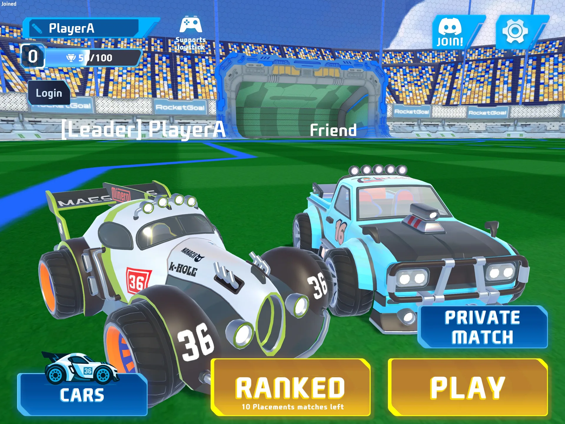 Main menu with two customised cars, the Ranked and Play buttons, Private Match and a Cars shortcut, in front of a stadium